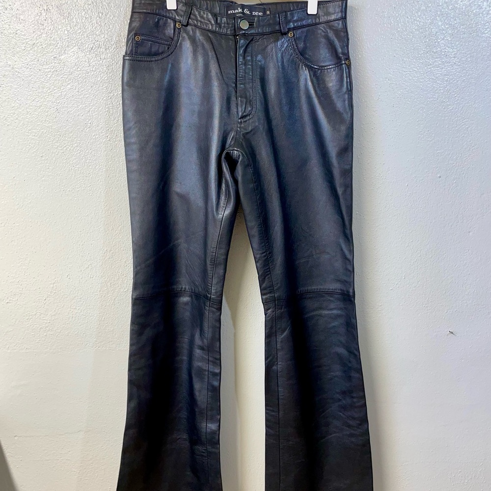 Mak & Zee Black Genuine Leather Pants Sz 32 Straight Leg High Rise Biker Moto